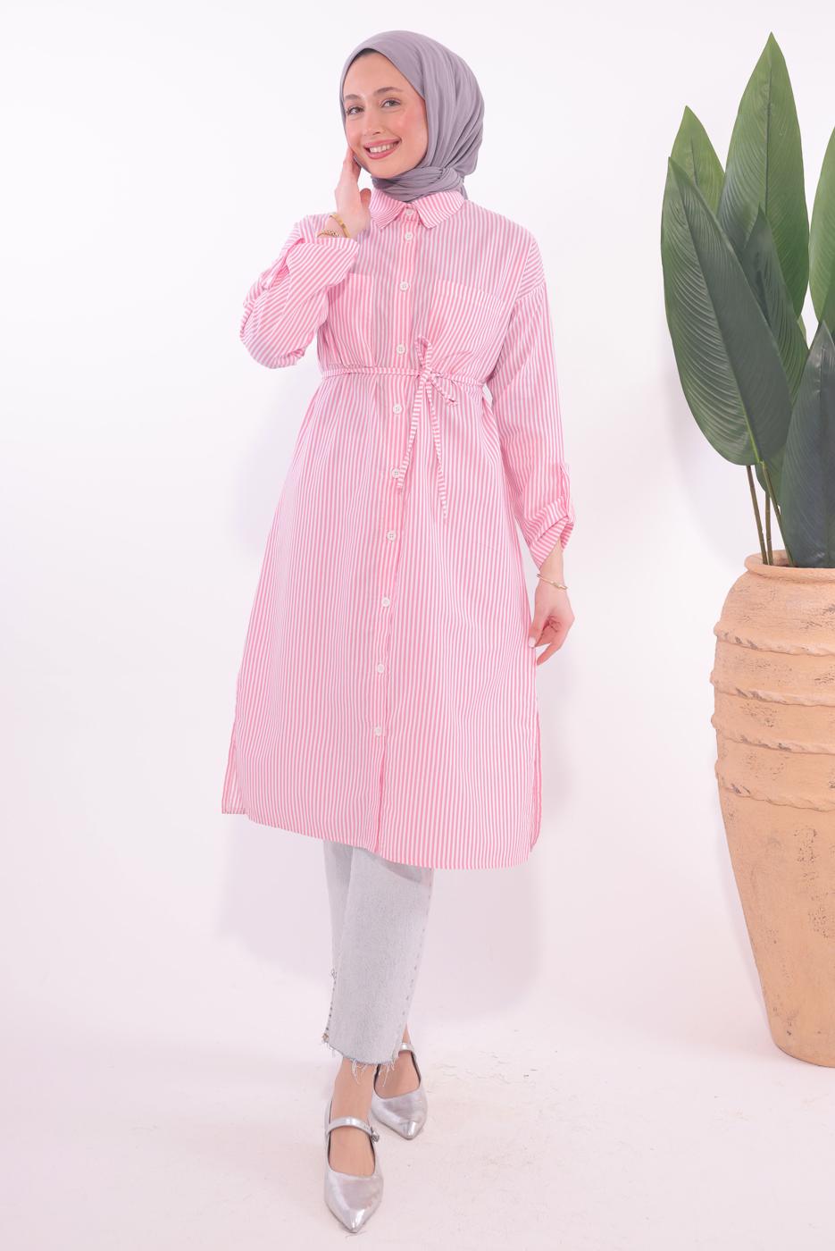 Tesettür giyim PEMBE ÇİZGİLİ UZUN TUNİK T 7174