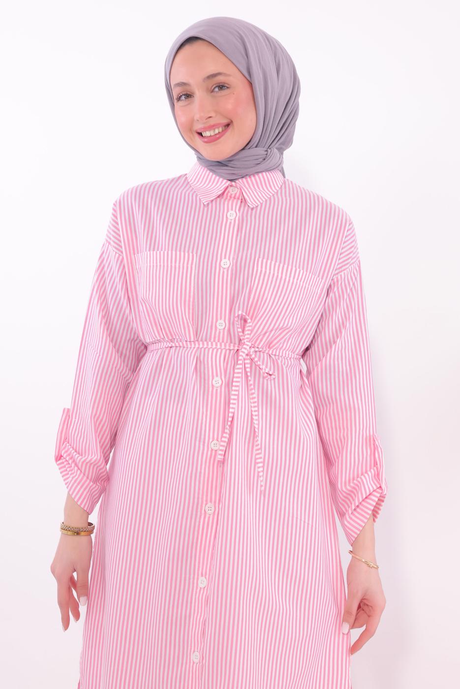 Tesettür giyim PEMBE ÇİZGİLİ UZUN TUNİK T 7174