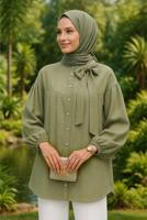 Tesettür giyim YEŞİL FİYONK DETAYLI GÖMLEK TUNİK T 7232