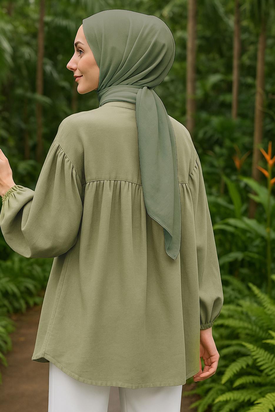 Tesettür giyim YEŞİL FİYONK DETAYLI GÖMLEK TUNİK T 7232