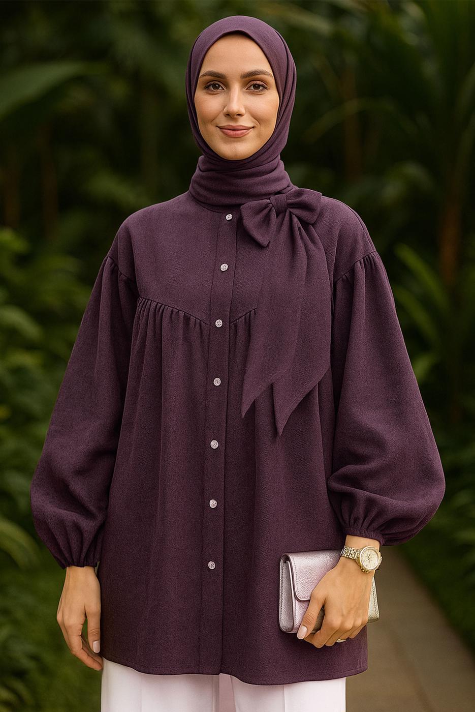 Tesettür giyim BORDO FİYONK DETAYLI GÖMLEK TUNİK T 7232