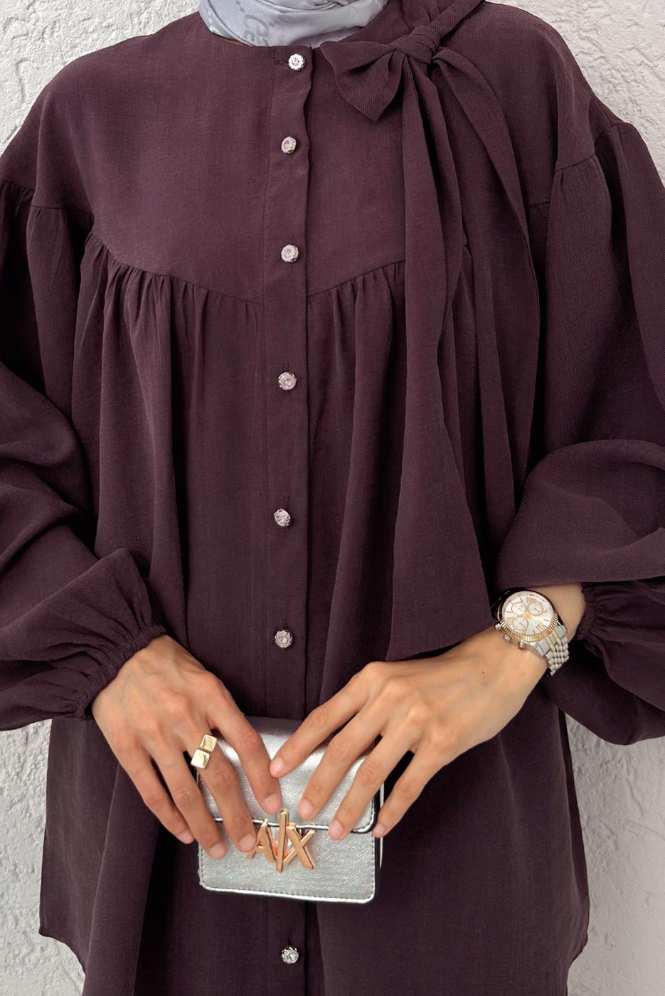 Tesettür giyim BORDO FİYONK DETAYLI GÖMLEK TUNİK T 7232