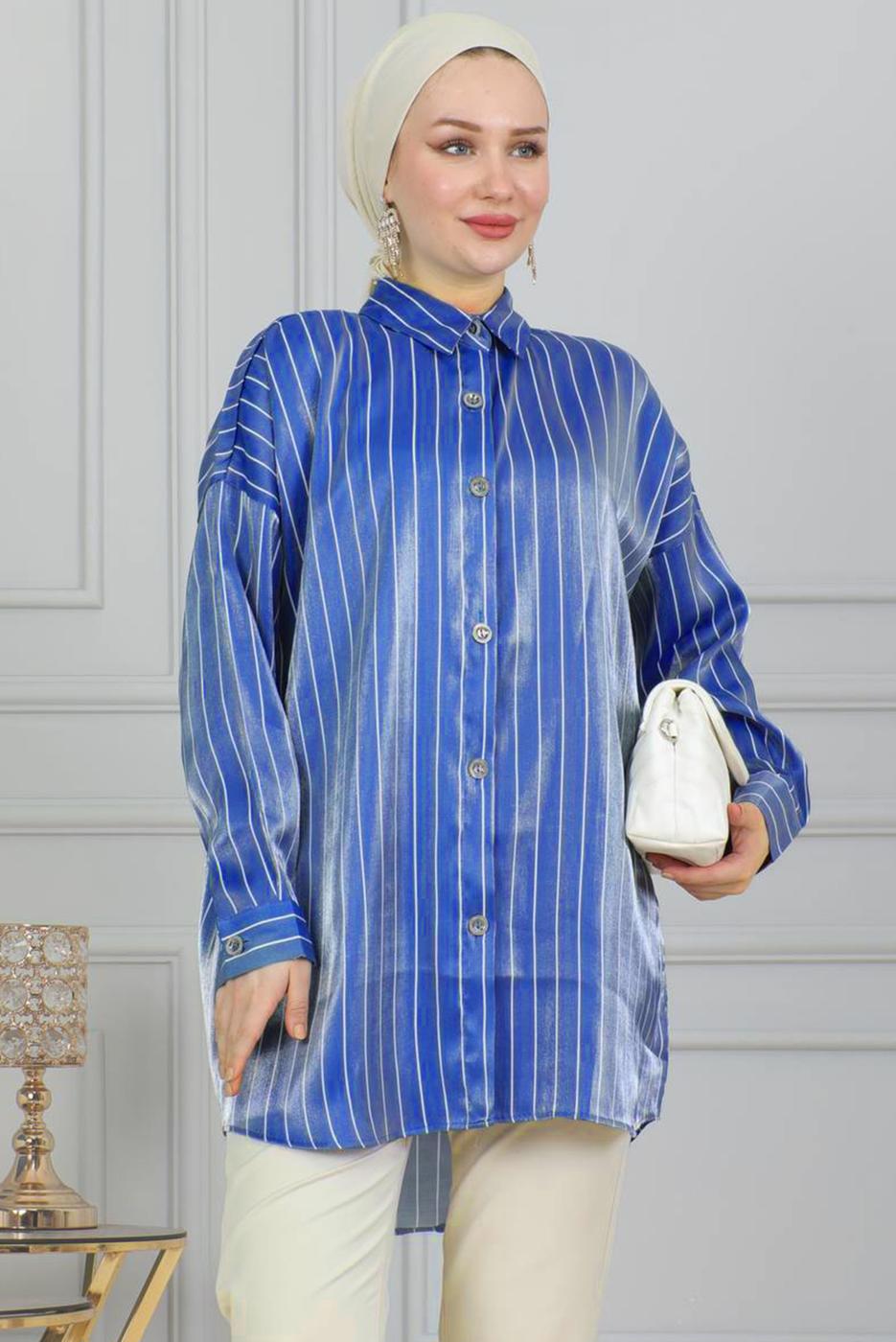 Vêtements hijab BLEU TUNIQUE CHEMISE À RAYURES T 7398