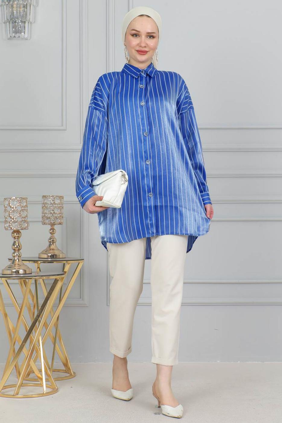 Vêtements hijab BLEU TUNIQUE CHEMISE À RAYURES T 7398