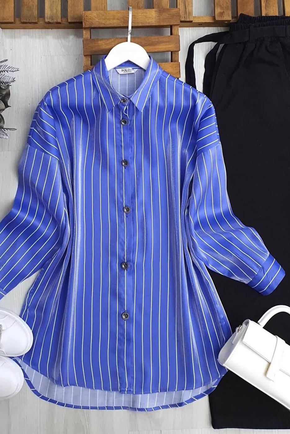 Vêtements hijab BLEU TUNIQUE CHEMISE À RAYURES T 7398