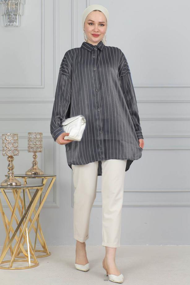 Vêtements hijab GRIS TUNIQUE CHEMISE À RAYURES T 7398 - TRENDTESETTÜR
