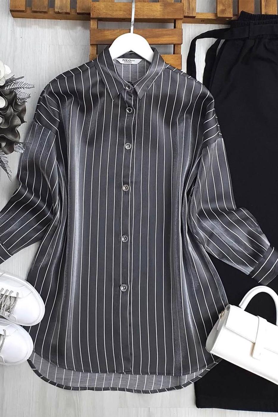 Vêtements hijab GRIS TUNIQUE CHEMISE À RAYURES T 7398