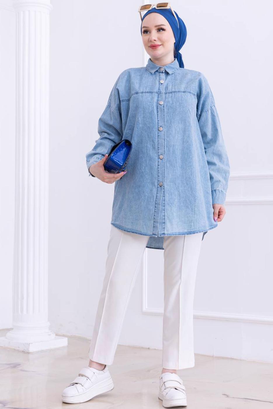 Tesettür giyim MAVİ PAMUKLU DENİM GÖMLEK TUNİK T 8612