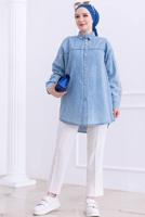 Tesettür giyim MAVİ PAMUKLU DENİM GÖMLEK TUNİK T 8612