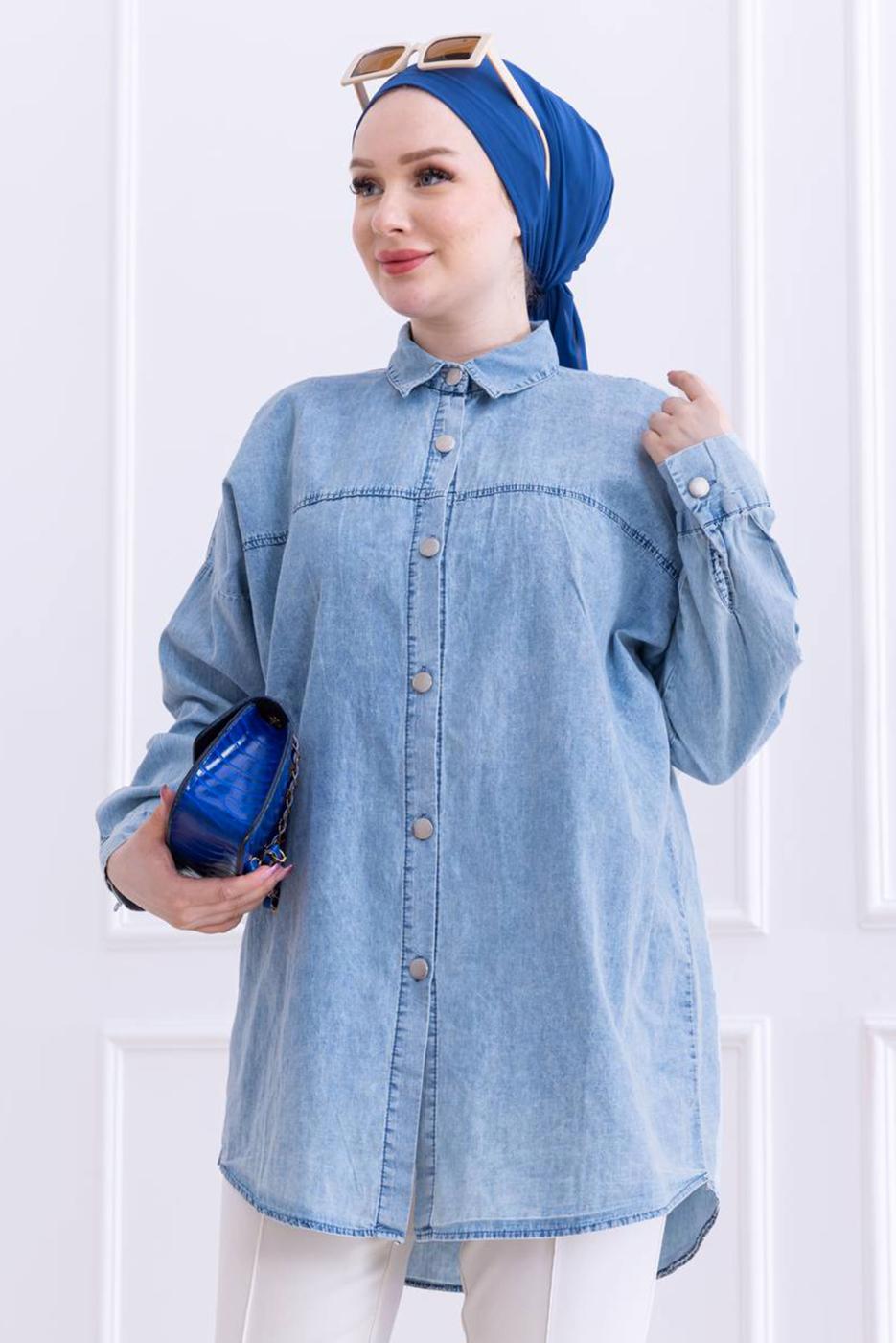 Tesettür giyim MAVİ PAMUKLU DENİM GÖMLEK TUNİK T 8612