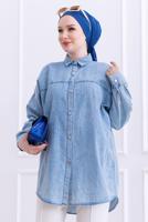 Tesettür giyim MAVİ PAMUKLU DENİM GÖMLEK TUNİK T 8612