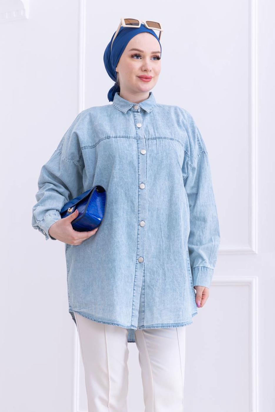Tesettür giyim MAVİ PAMUKLU DENİM GÖMLEK TUNİK T 8612