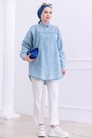 Tesettür giyim MAVİ PAMUKLU DENİM GÖMLEK TUNİK T 8612