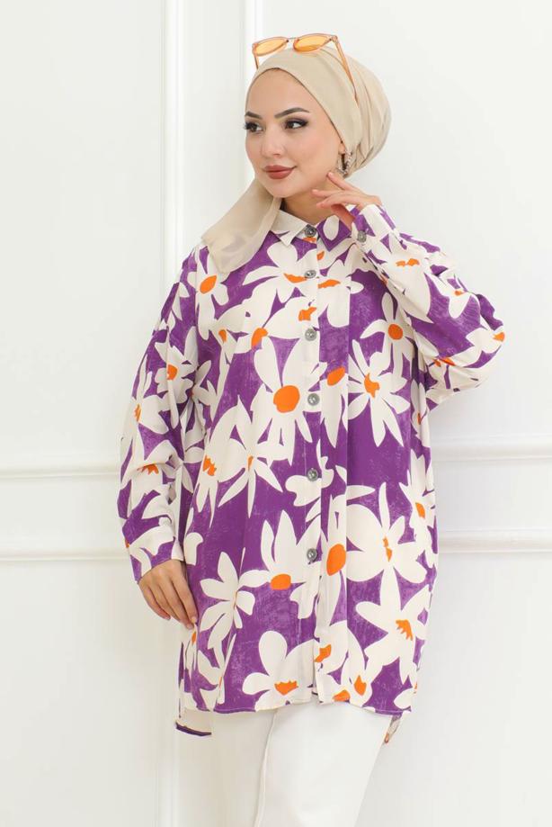 Tesettür giyim MOR ÇİÇEK DESENLİ GÖMLEK TUNİK T 8956 - TRENDTESETTÜR