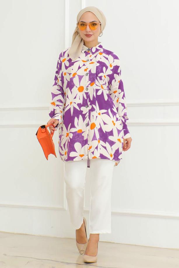 Tesettür giyim MOR ÇİÇEK DESENLİ GÖMLEK TUNİK T 8956 - TRENDTESETTÜR