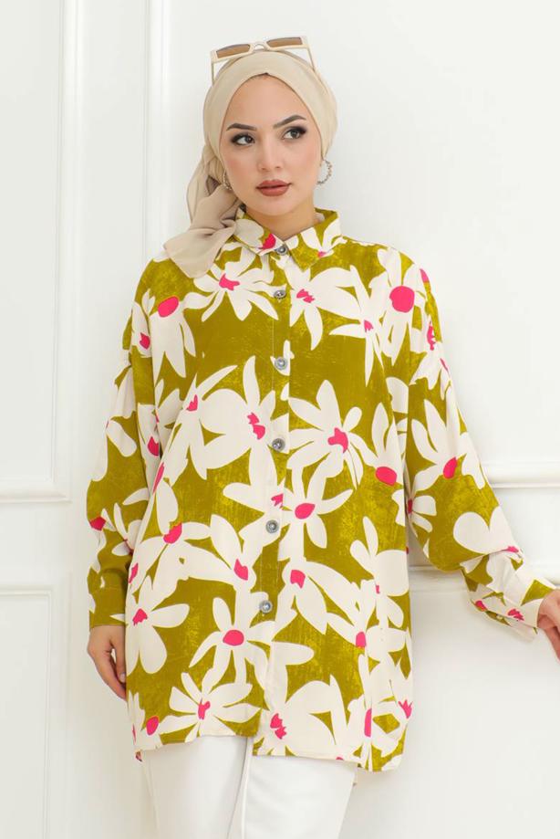 Tesettür giyim YEŞİL ÇİÇEK DESENLİ GÖMLEK TUNİK T 8956 - TRENDTESETTÜR
