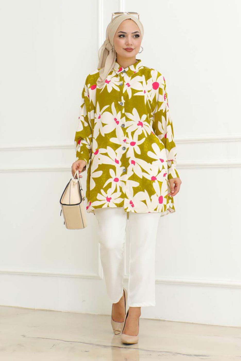 Tesettür giyim YEŞİL ÇİÇEK DESENLİ GÖMLEK TUNİK T 8956