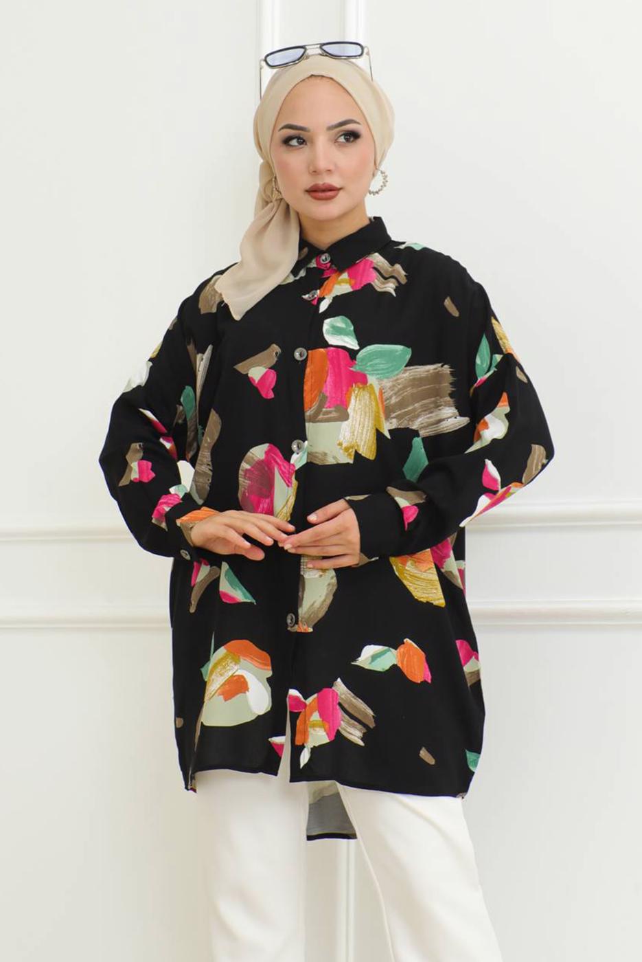 Tesettür giyim SİYAH DESENLİ GÖMLEK TUNİK T 9327