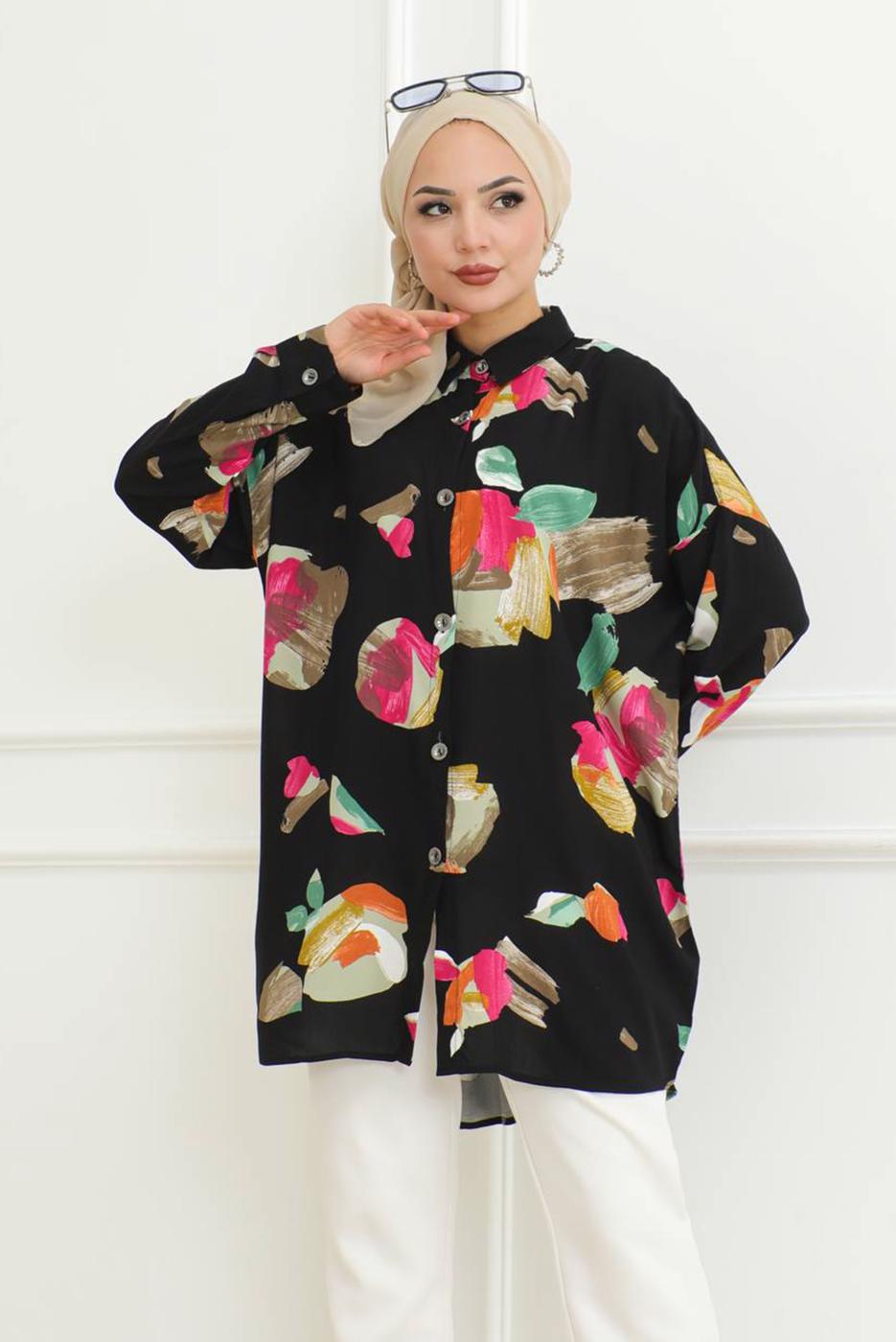 Tesettür giyim SİYAH DESENLİ GÖMLEK TUNİK T 9327