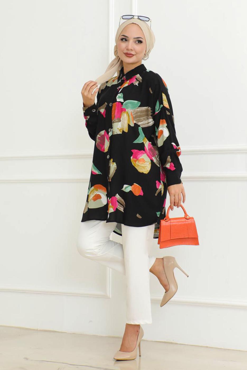 Tesettür giyim SİYAH DESENLİ GÖMLEK TUNİK T 9327