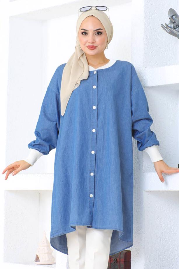 Vêtements hijab BLEU TUNIQUE CHEMISE EN JEAN T 9340 - TRENDTESETTÜR