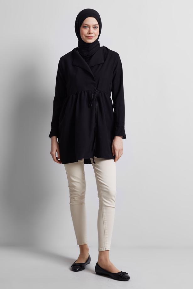 Vêtements hijab NOIR TUNIQUE À DÉTAILS NOUÉS T 9816 - TRENDTESETTÜR