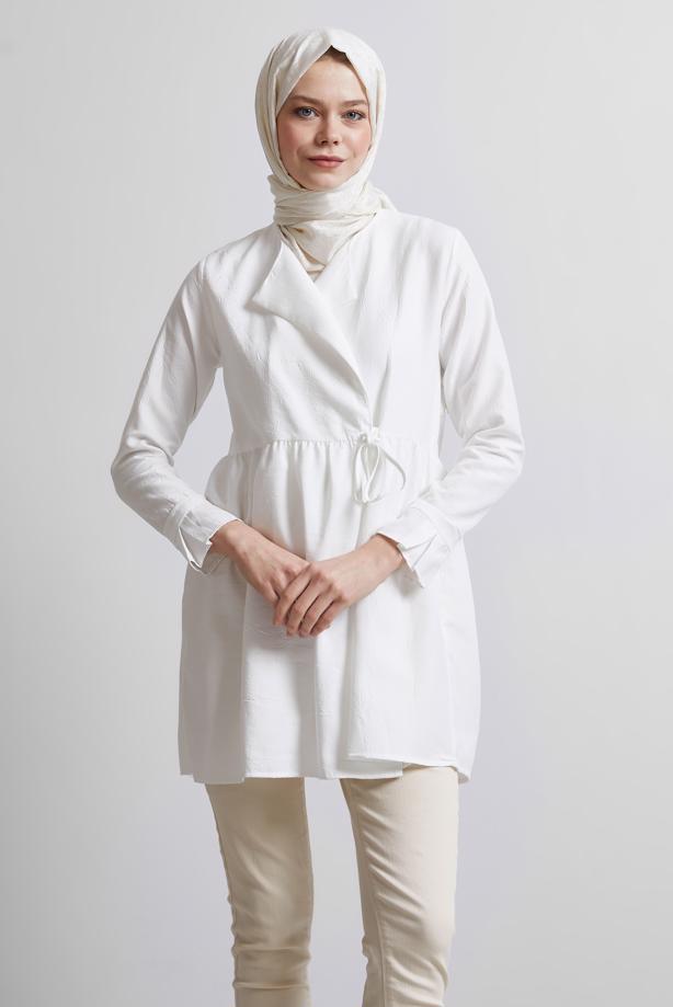 Vêtements hijab BLANC TUNIQUE À DÉTAILS NOUÉS T 9816 - TRENDTESETTÜR
