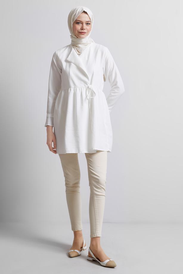 Vêtements hijab BLANC TUNIQUE À DÉTAILS NOUÉS T 9816 - TRENDTESETTÜR