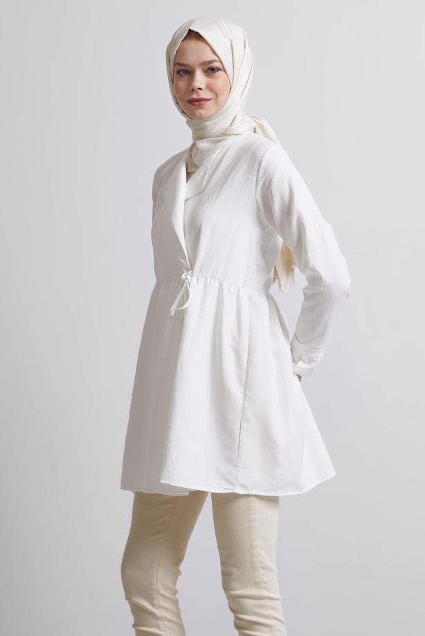 Vêtements hijab BLANC TUNIQUE À DÉTAILS NOUÉS T 9816 - TRENDTESETTÜR