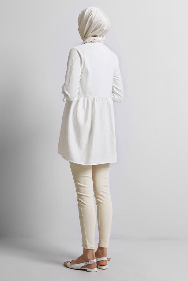 Vêtements hijab BLANC TUNIQUE À DÉTAILS NOUÉS T 9816 - TRENDTESETTÜR