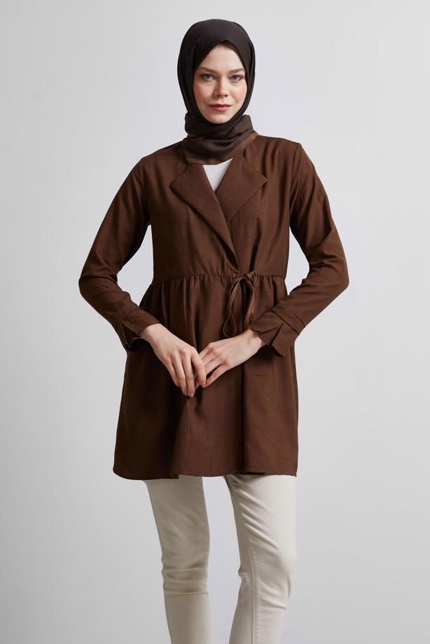 Vêtements hijab BRUN TUNIQUE À DÉTAILS NOUÉS T 9816 - TRENDTESETTÜR