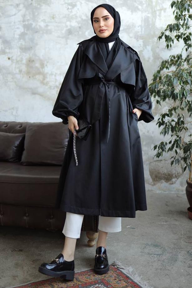 Vêtements hijab NOIR TRENCH-COAT CEINTURÉ T 25842 - TRENDTESETTÜR