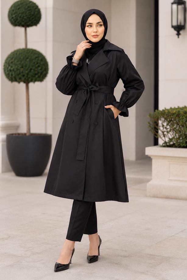 Tesettür giyim SİYAH KUŞAKLI TRENÇKOT T 35832 - TRENDTESETTÜR