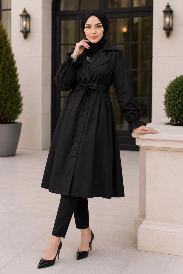 Tesettür giyim SİYAH KUŞAKLI TRENÇKOT T 35832 - TRENDTESETTÜR