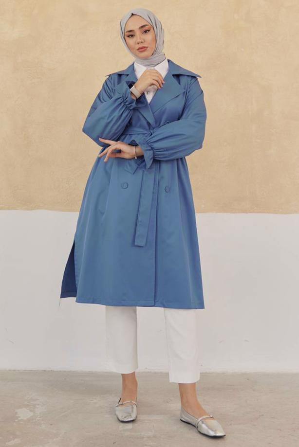 Vêtements hijab BLEU TRENCH-COAT CEINTURÉ T 35832 - TRENDTESETTÜR