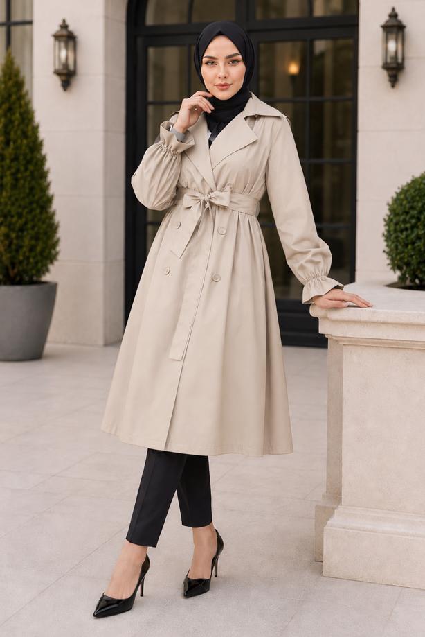 Tesettür giyim BEJ KUŞAKLI TRENÇKOT T 35832 - TRENDTESETTÜR