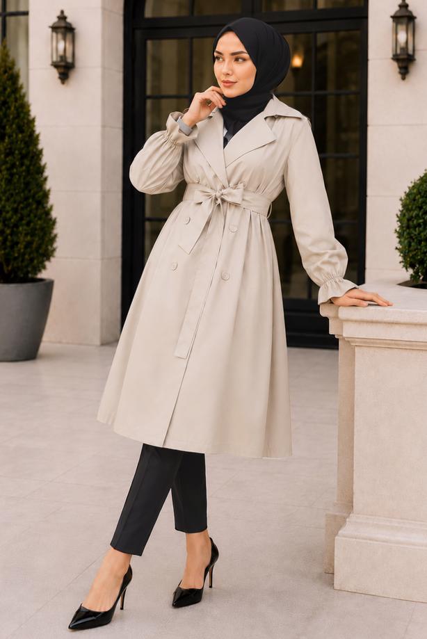Tesettür giyim BEJ KUŞAKLI TRENÇKOT T 35832 - TRENDTESETTÜR