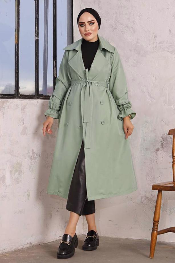 Hijab clothing GREEN BELTED TRENCH COAT T 35832 - TRENDTESETTÜR