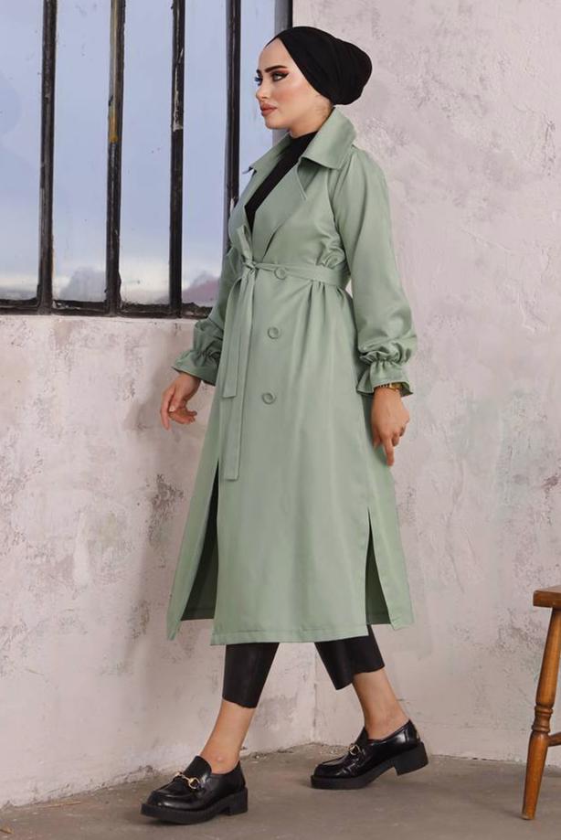 Hijab clothing GREEN BELTED TRENCH COAT T 35832 - TRENDTESETTÜR