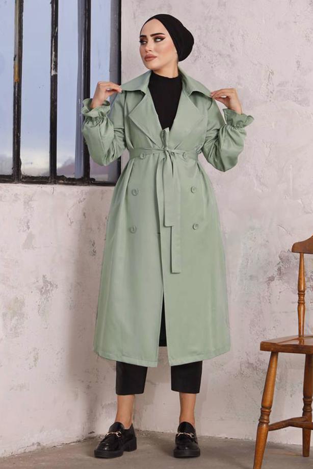 Hijab clothing GREEN BELTED TRENCH COAT T 35832 - TRENDTESETTÜR