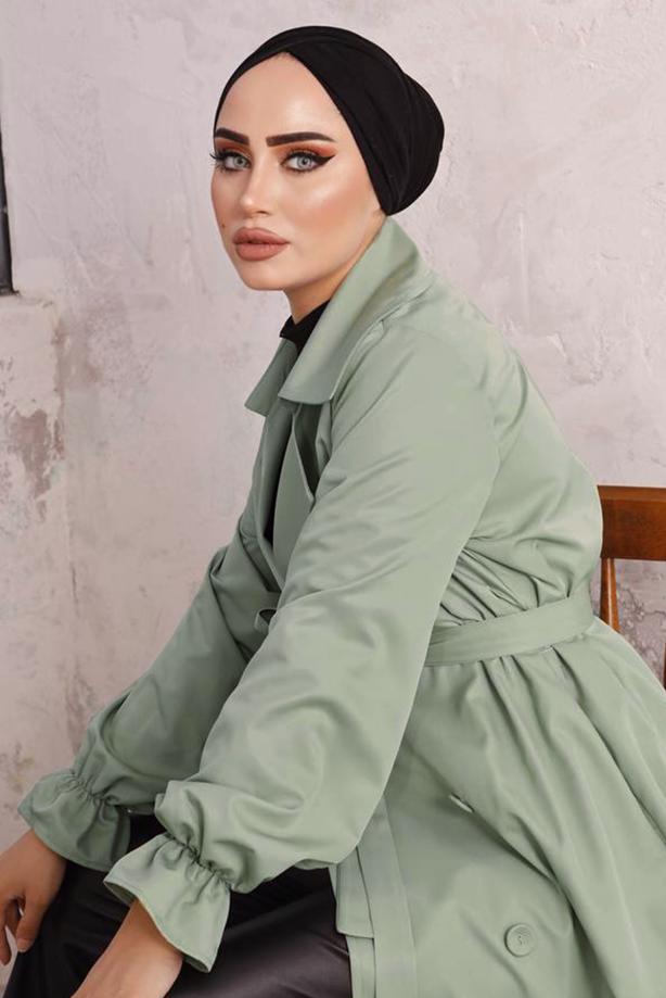 Hijab clothing GREEN BELTED TRENCH COAT T 35832 - TRENDTESETTÜR