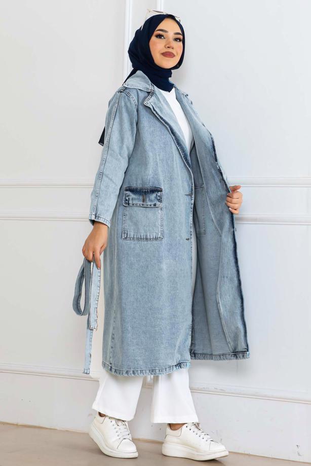 Vêtements hijab BLEU TRENCH-COAT CEINTURÉ EN COTON T 4042 - TRENDTESETTÜR