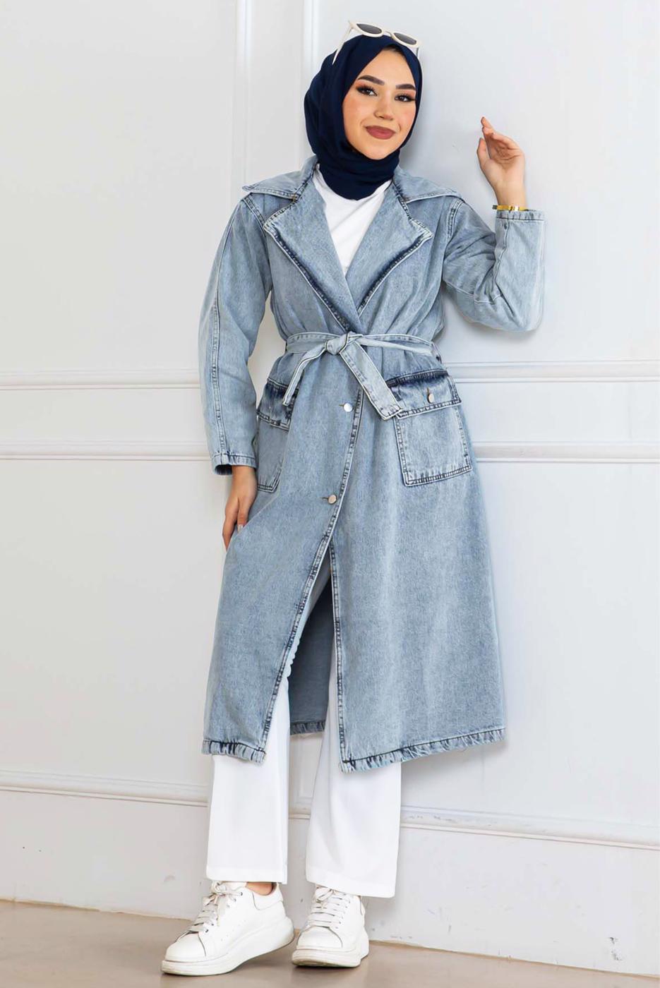 Vêtements hijab BLEU TRENCH-COAT CEINTURÉ EN COTON T 4042