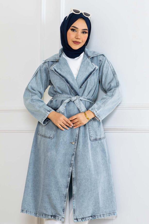 Vêtements hijab BLEU TRENCH-COAT CEINTURÉ EN COTON T 4042 - TRENDTESETTÜR