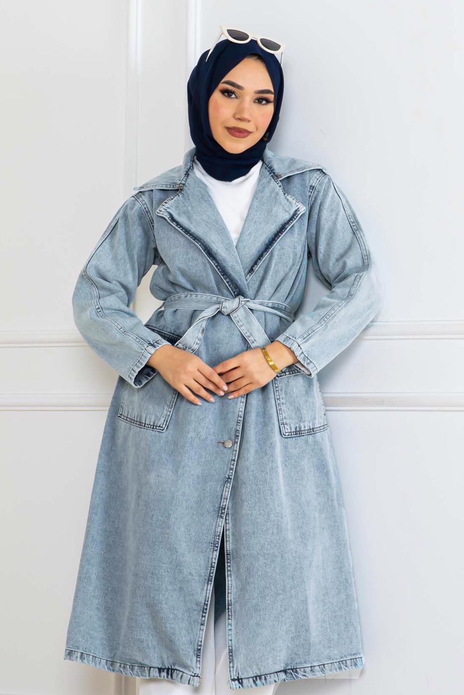 Vêtements hijab BLEU TRENCH-COAT CEINTURÉ EN COTON T 4042
