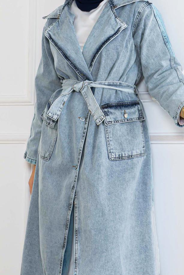 Vêtements hijab BLEU TRENCH-COAT CEINTURÉ EN COTON T 4042 - TRENDTESETTÜR