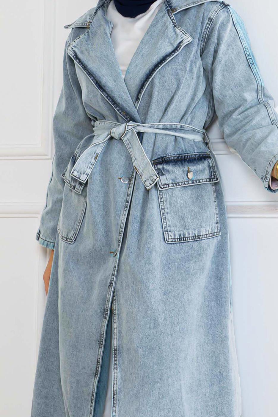 Vêtements hijab BLEU TRENCH-COAT CEINTURÉ EN COTON T 4042