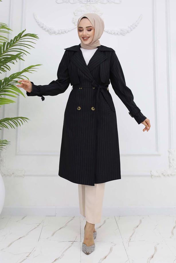 Vêtements hijab NOIR TRENCH-COAT À RAYURES AVEC CEINTURE T 64616 - TRENDTESETTÜR