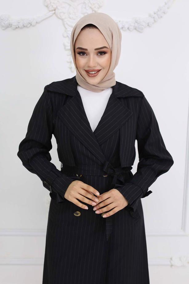 Vêtements hijab NOIR TRENCH-COAT À RAYURES AVEC CEINTURE T 64616 - TRENDTESETTÜR