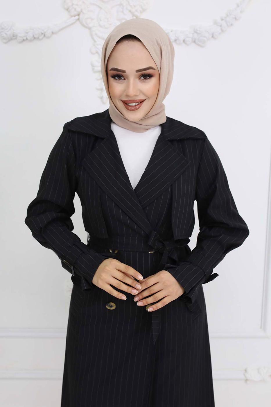Vêtements hijab NOIR TRENCH-COAT À RAYURES AVEC CEINTURE T 64616